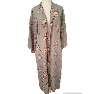 Penelope Project Sage Green Open Front Floral Print Duster Length Kimono Size XL